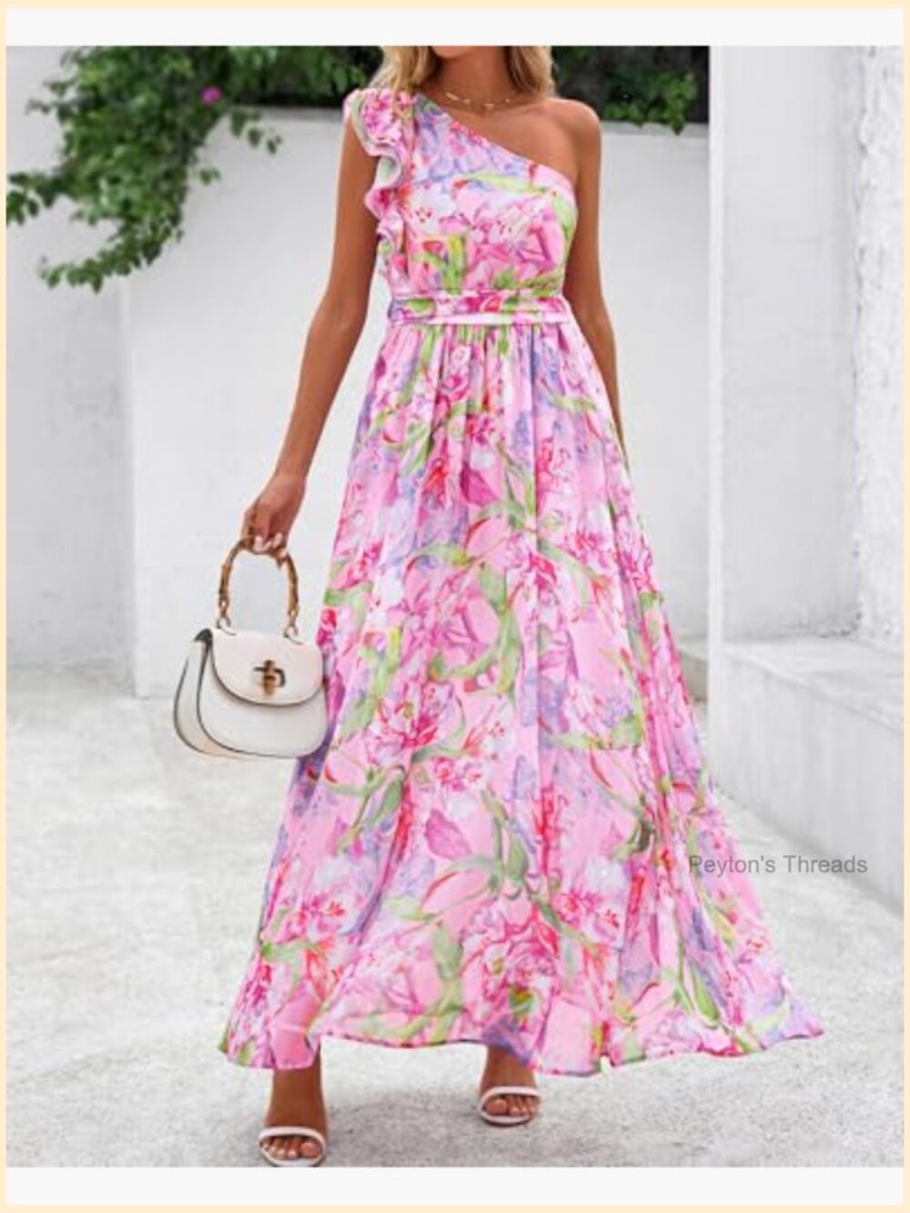 One Shoulder Floral Smocked Ruffle Maxi Dress with Pockets - Picture 4 of 7